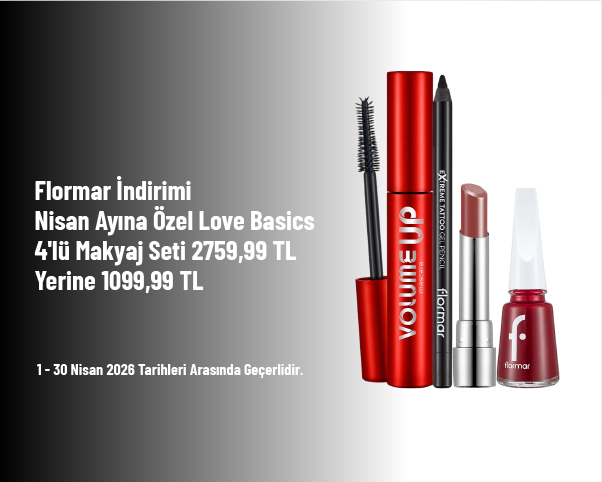 Flormar İndirimi - Nisan Ayına Özel Love Basics 4'lü Makyaj Seti 2759,99 TL Yerine 1099,99 TL Flormar İndirimi - Nisan Ayına Özel Love Basics 4'lü Makyaj Seti 2759,99 TL Yerine 1099,99 TL