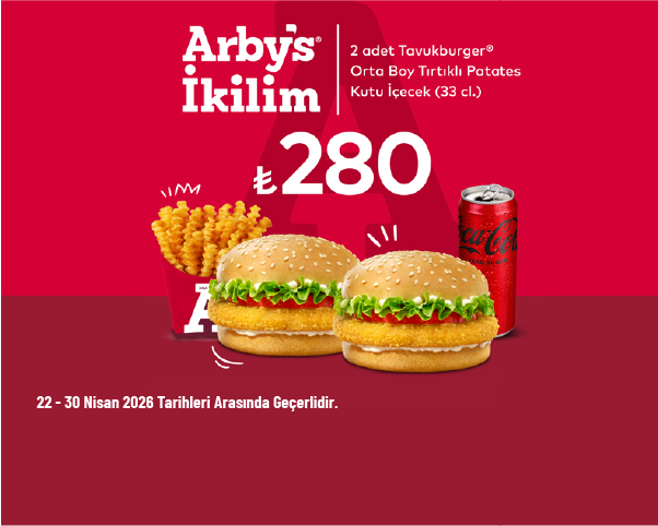 Arby's İndirimi - 2 Kişilik İkilim Menü 280 TL