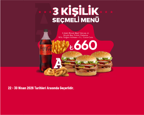 Arby's Kampanyası - 3 Kişilik Seçmeli Menü Sadece 660 TL