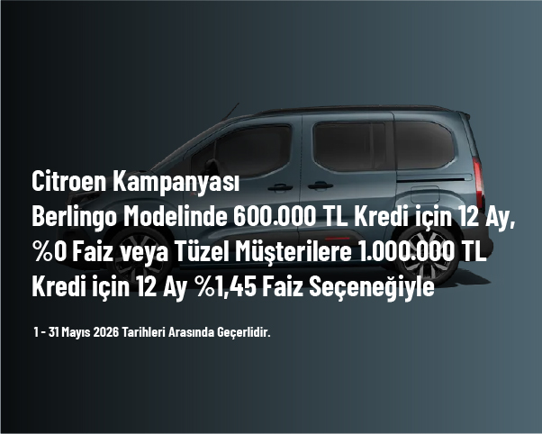 Citroen Kampanyası - Berlingo Modelinde 600.000 TL Kredi için 12 Ay, %0 Faiz veya Tüzel Müşterilere 1.000.000 TL Kredi için 12 Ay %1,45 Faiz Seçeneğiyle