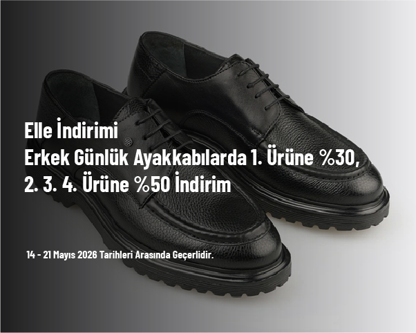 Elle İndirimi - Erkek Günlük Ayakkabılarda 1. Ürüne %30, 2. 3. 4. Ürüne %50 İndirim Elle İndirimi - Erkek Günlük Ayakkabılarda 1. Ürüne %30, 2. 3. 4. Ürüne %50 İndirim