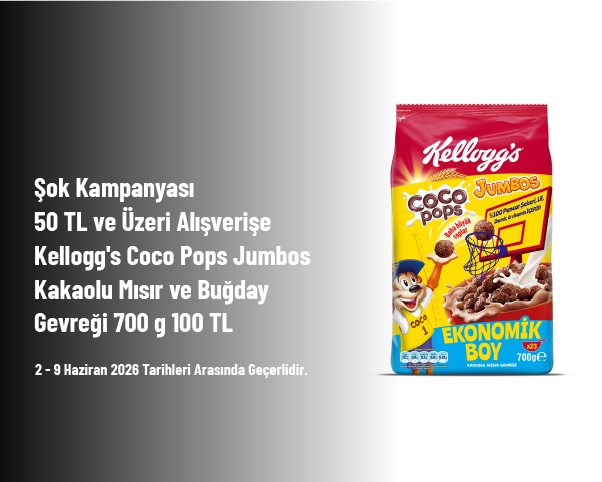 Şok Kampanyası - 50 TL ve Üzeri Alışverişe Kellogg's Coco Pops Jumbos Kakaolu Mısır ve Buğday Gevreği 700 g 100 TL