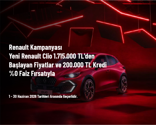 Renault Kampanyası - Yeni Renault Clio 1.715.000 TL'den Başlayan Fiyatlar ve 200.000 TL Kredi %0 Faiz Fırsatıyla