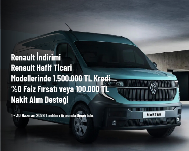 Renault İndirimi - Renault Hafif Ticari Modellerinde 1.500.000 TL Kredi %0 Faiz Fırsatı veya 100.000 TL Nakit Alım Desteği