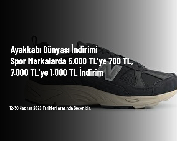 Ayakkabı Dünyası İndirimi - Spor Markalarda 5.000 TL'ye 700 TL, 7.000 TL'ye 1.000 TL İndirim Ayakkabı Dünyası İndirimi - Spor Markalarda 5.000 TL'ye 700 TL, 7.000 TL'ye 1.000 TL İndirim