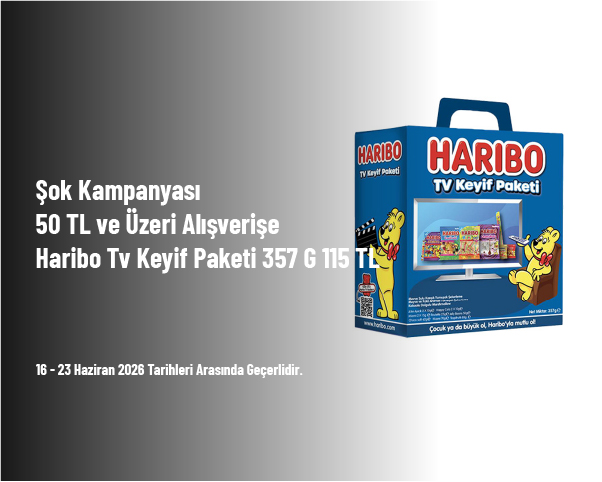 Şok Kampanyası - 50 TL ve Üzeri Alışverişe Haribo Tv Keyif Paketi 357 G 115 TL Şok Kampanyası - 50 TL ve Üzeri Alışverişe Haribo Tv Keyif Paketi 357 G 115 TL