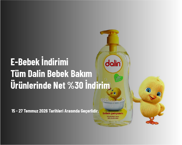 E-Bebek İndirimi - Tüm Dalin Bebek Bakım Ürünlerinde Net %30 İndirim E-Bebek İndirimi - Tüm Dalin Bebek Bakım Ürünlerinde Net %30 İndirim
