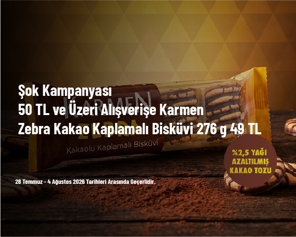 Şok Kampanyası - 50 TL ve Üzeri Alışverişe Karmen Zebra Kakao Kaplamalı Bisküvi 276 g 49 TL Şok Kampanyası - 50 TL ve Üzeri Alışverişe Karmen Zebra Kakao Kaplamalı Bisküvi 276 g 49 TL