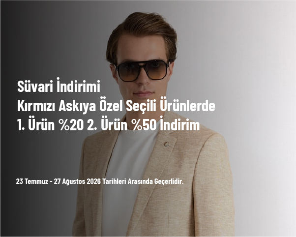 Süvari İndirimi - Kırmızı Askıya Özel Seçili Ürünlerde 1. Ürün %20 2. Ürün %50 İndirim Süvari İndirimi - Kırmızı Askıya Özel Seçili Ürünlerde 1. Ürün %20 2. Ürün %50 İndirim