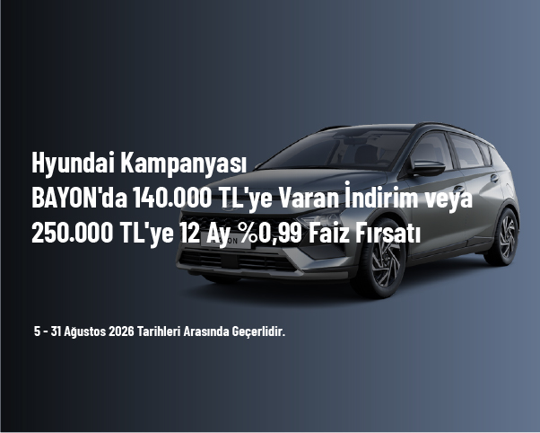 Hyundai Kampanyası - BAYON'da 140.000 TL'ye Varan İndirim veya 250.000 TL'ye 12 Ay %0,99 Faiz Fırsatı