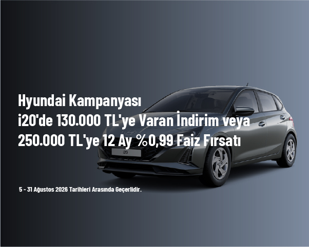 Hyundai Kampanyası - i20'de 130.000 TL'ye Varan İndirim veya 250.000 TL'ye 12 Ay %0,99 Faiz Fırsatı Hyundai Kampanyası - i20'de 130.000 TL'ye Varan İndirim veya 250.000 TL'ye 12 Ay %0,99 Faiz Fırsatı