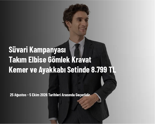 Süvari Kampanyası - Takım Elbise Gömlek Kravat Kemer ve Ayakkabı Setinde 8.799 TL Süvari Kampanyası - Takım Elbise Gömlek Kravat Kemer ve Ayakkabı Setinde 8.799 TL