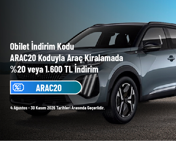 Obilet İndirim Kodu - ARAC20 Koduyla Araç Kiralamada %20 veya 1.600 TL İndirim Obilet İndirim Kodu - ARAC20 Koduyla Araç Kiralamada %20 veya 1.600 TL İndirim