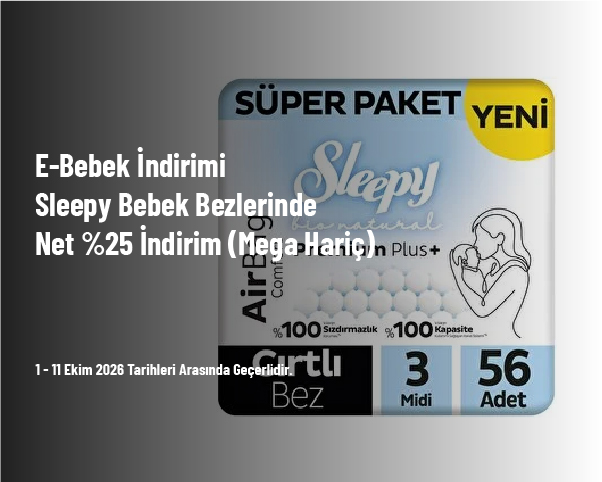 E-Bebek İndirimi - Sleepy Bebek Bezlerinde Net %25 İndirim (Mega Hariç)