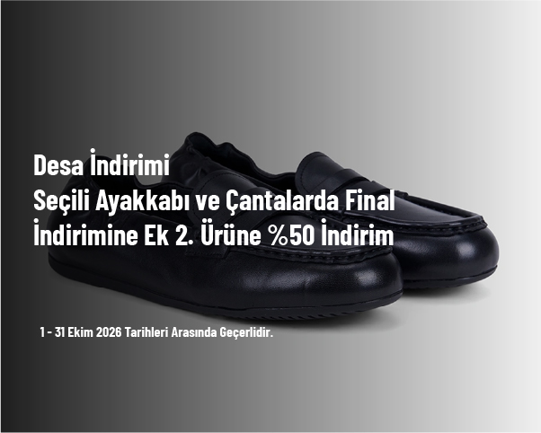 Desa İndirimi - Seçili Ayakkabı ve Çantalarda Final İndirimine Ek 2. Ürüne %50 İndirim Desa İndirimi - Seçili Ayakkabı ve Çantalarda Final İndirimine Ek 2. Ürüne %50 İndirim