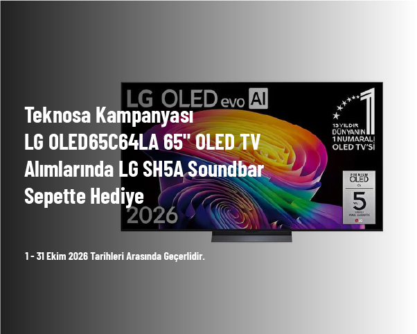 Teknosa Kampanyası - LG OLED65C64LA 65" OLED TV Alımlarında LG SH5A Soundbar Sepette Hediye Teknosa Kampanyası - LG OLED65C64LA 65" OLED TV Alımlarında LG SH5A Soundbar Sepette Hediye